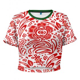 Женская футболка 3D укороченная с принтом Хохлома в Тюмени, 100% полиэстер | круглая горловина, длина футболки до линии талии, рукава с отворотами | белый | красный | орнамент | растительный