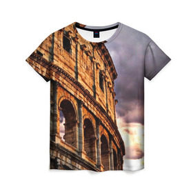Женская футболка 3D с принтом Колизей в Тюмени, 100% полиэфир ( синтетическое хлопкоподобное полотно) | прямой крой, круглый вырез горловины, длина до линии бедер | архитектура | италия | колизей | отпуск | путешествие | развалины | туризм | турист