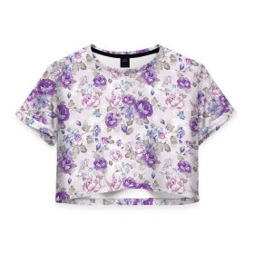 Женская футболка 3D укороченная с принтом Цветы ретро 2 в Тюмени, 100% полиэстер | круглая горловина, длина футболки до линии талии, рукава с отворотами | Тематика изображения на принте:   | винтаж | прованс | роза | роспись | узор | цветок | цветы