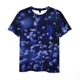 Мужская футболка 3D с принтом Ночные цветы в Тюмени, 100% полиэфир | прямой крой, круглый вырез горловины, длина до линии бедер | Тематика изображения на принте: лепестки | ночь | прикольные картинки | синий | цветочки | цветы