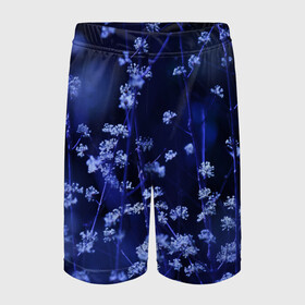 Детские спортивные шорты 3D с принтом Ночные цветы в Тюмени,  100% полиэстер
 | пояс оформлен широкой мягкой резинкой, ткань тянется
 | Тематика изображения на принте: лепестки | ночь | прикольные картинки | синий | цветочки | цветы