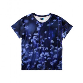 Детская футболка 3D с принтом Ночные цветы в Тюмени, 100% гипоаллергенный полиэфир | прямой крой, круглый вырез горловины, длина до линии бедер, чуть спущенное плечо, ткань немного тянется | лепестки | ночь | прикольные картинки | синий | цветочки | цветы
