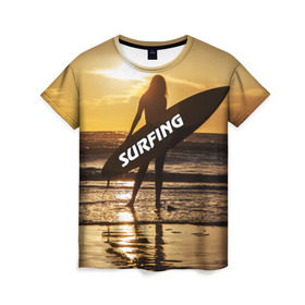 Женская футболка 3D с принтом Surfing в Тюмени, 100% полиэфир ( синтетическое хлопкоподобное полотно) | прямой крой, круглый вырез горловины, длина до линии бедер | волна | девушка | море | прикольные картинки | сёрфинг | солнце | спорт | экстрим