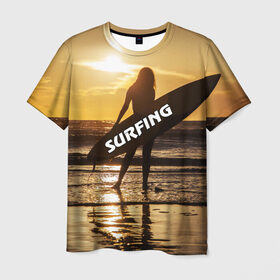 Мужская футболка 3D с принтом Surfing в Тюмени, 100% полиэфир | прямой крой, круглый вырез горловины, длина до линии бедер | волна | девушка | море | прикольные картинки | сёрфинг | солнце | спорт | экстрим