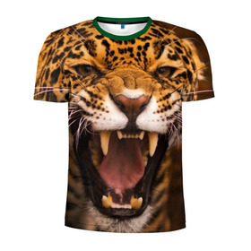 Мужская футболка 3D спортивная с принтом Леопард в Тюмени, 100% полиэстер с улучшенными характеристиками | приталенный силуэт, круглая горловина, широкие плечи, сужается к линии бедра | дикая кошка | клыки | леопард | оскал | хищник