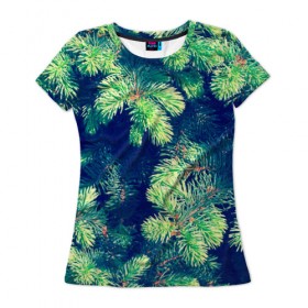 Женская футболка 3D с принтом Ёлочка в Тюмени, 100% полиэфир ( синтетическое хлопкоподобное полотно) | прямой крой, круглый вырез горловины, длина до линии бедер | елка | ель | зеленый | пихтовые | природа | свежесть | хвоя