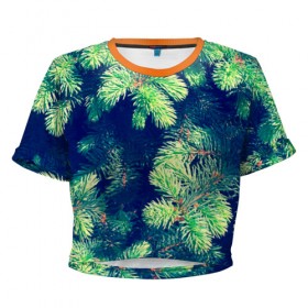Женская футболка 3D укороченная с принтом Ёлочка в Тюмени, 100% полиэстер | круглая горловина, длина футболки до линии талии, рукава с отворотами | елка | ель | зеленый | пихтовые | природа | свежесть | хвоя