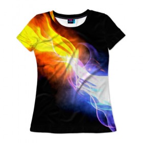 Женская футболка 3D с принтом Brisk Fire в Тюмени, 100% полиэфир ( синтетическое хлопкоподобное полотно) | прямой крой, круглый вырез горловины, длина до линии бедер | дым | желтый | огонь | синий