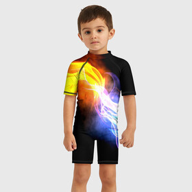 Детский купальный костюм 3D с принтом Brisk Fire в Тюмени, Полиэстер 85%, Спандекс 15% | застежка на молнии на спине | Тематика изображения на принте: дым | желтый | огонь | синий