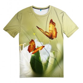 Мужская футболка 3D с принтом Чудесные бабочки в Тюмени, 100% полиэфир | прямой крой, круглый вырез горловины, длина до линии бедер | Тематика изображения на принте: бабочки | цветы