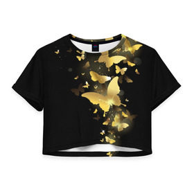 Женская футболка 3D укороченная с принтом Золотые бабочки в Тюмени, 100% полиэстер | круглая горловина, длина футболки до линии талии, рукава с отворотами | бабочки | девушкам | злато | золото