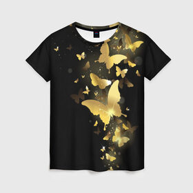 Женская футболка 3D с принтом Золотые бабочки в Тюмени, 100% полиэфир ( синтетическое хлопкоподобное полотно) | прямой крой, круглый вырез горловины, длина до линии бедер | Тематика изображения на принте: бабочки | девушкам | злато | золото