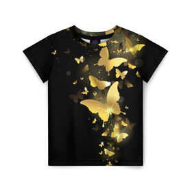Детская футболка 3D с принтом Золотые бабочки в Тюмени, 100% гипоаллергенный полиэфир | прямой крой, круглый вырез горловины, длина до линии бедер, чуть спущенное плечо, ткань немного тянется | Тематика изображения на принте: бабочки | девушкам | злато | золото