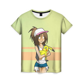 Женская футболка 3D с принтом Подружка Эша в Тюмени, 100% полиэфир ( синтетическое хлопкоподобное полотно) | прямой крой, круглый вырез горловины, длина до линии бедер | пикачу
