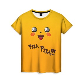Женская футболка 3D с принтом Мордочка Пикачу в Тюмени, 100% полиэфир ( синтетическое хлопкоподобное полотно) | прямой крой, круглый вырез горловины, длина до линии бедер | Тематика изображения на принте: пикачу