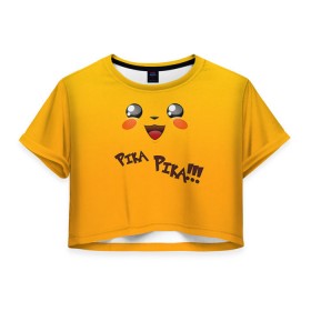Женская футболка 3D укороченная с принтом Мордочка Пикачу в Тюмени, 100% полиэстер | круглая горловина, длина футболки до линии талии, рукава с отворотами | пикачу
