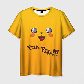 Мужская футболка 3D с принтом Мордочка Пикачу в Тюмени, 100% полиэфир | прямой крой, круглый вырез горловины, длина до линии бедер | Тематика изображения на принте: пикачу