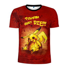 Мужская футболка 3D спортивная с принтом Pikachu must die! в Тюмени, 100% полиэстер с улучшенными характеристиками | приталенный силуэт, круглая горловина, широкие плечи, сужается к линии бедра | Тематика изображения на принте: pokemon go