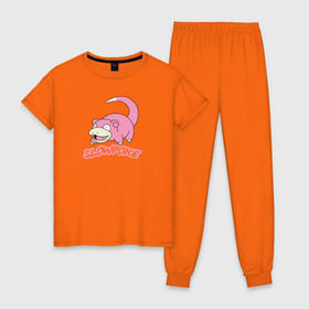 Женская пижама хлопок с принтом Slowpoke в Тюмени, 100% хлопок | брюки и футболка прямого кроя, без карманов, на брюках мягкая резинка на поясе и по низу штанин | pikachu | pokemon | slowpoke | пикачу | покемон | покемоны | слоупок