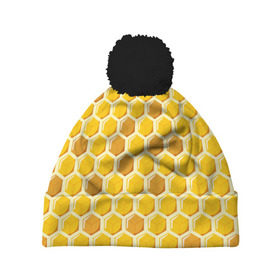 Шапка 3D c помпоном с принтом Медовые соты в Тюмени, 100% полиэстер | универсальный размер, печать по всей поверхности изделия | Тематика изображения на принте: арт | еда | мед | пчелы | соты