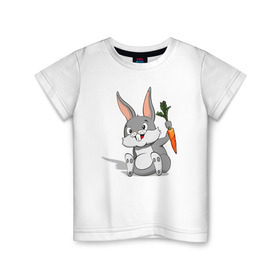 Детская футболка хлопок с принтом Зайчик в Тюмени, 100% хлопок | круглый вырез горловины, полуприлегающий силуэт, длина до линии бедер | Тематика изображения на принте: год кролика | зайчик | заяц | кролик | морковь