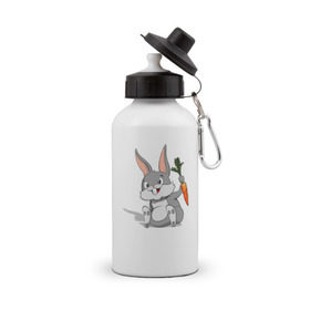 Бутылка спортивная с принтом Зайчик в Тюмени, металл | емкость — 500 мл, в комплекте две пластиковые крышки и карабин для крепления | Тематика изображения на принте: год кролика | зайчик | заяц | кролик | морковь