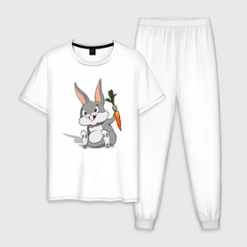 Мужская пижама хлопок с принтом Зайчик в Тюмени, 100% хлопок | брюки и футболка прямого кроя, без карманов, на брюках мягкая резинка на поясе и по низу штанин
 | год кролика | зайчик | заяц | кролик | морковь