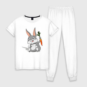 Женская пижама хлопок с принтом Зайчик в Тюмени, 100% хлопок | брюки и футболка прямого кроя, без карманов, на брюках мягкая резинка на поясе и по низу штанин | год кролика | зайчик | заяц | кролик | морковь