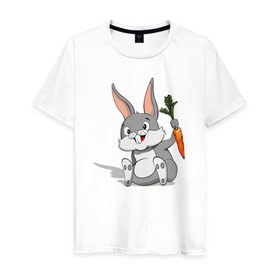 Мужская футболка хлопок с принтом Зайчик в Тюмени, 100% хлопок | прямой крой, круглый вырез горловины, длина до линии бедер, слегка спущенное плечо. | Тематика изображения на принте: год кролика | зайчик | заяц | кролик | морковь