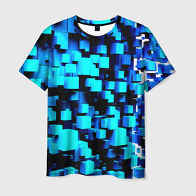 Мужская футболка 3D с принтом Кубическая текстура в Тюмени, 100% полиэфир | прямой крой, круглый вырез горловины, длина до линии бедер | Тематика изображения на принте: кубы | объем | синий
