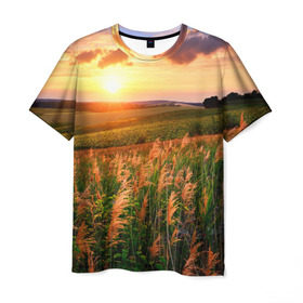 Мужская футболка 3D с принтом Родные просторы в Тюмени, 100% полиэфир | прямой крой, круглый вырез горловины, длина до линии бедер | sunrise | sunset | восход | деревня | закат | луг | небо | облака | поле | природа | солнце | цветы