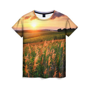 Женская футболка 3D с принтом Родные просторы в Тюмени, 100% полиэфир ( синтетическое хлопкоподобное полотно) | прямой крой, круглый вырез горловины, длина до линии бедер | sunrise | sunset | восход | деревня | закат | луг | небо | облака | поле | природа | солнце | цветы