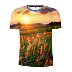 Мужская футболка 3D спортивная с принтом Родные просторы в Тюмени, 100% полиэстер с улучшенными характеристиками | приталенный силуэт, круглая горловина, широкие плечи, сужается к линии бедра | Тематика изображения на принте: sunrise | sunset | восход | деревня | закат | луг | небо | облака | поле | природа | солнце | цветы