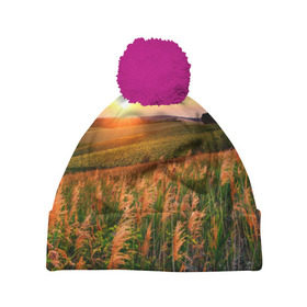 Шапка 3D c помпоном с принтом Родные просторы в Тюмени, 100% полиэстер | универсальный размер, печать по всей поверхности изделия | sunrise | sunset | восход | деревня | закат | луг | небо | облака | поле | природа | солнце | цветы