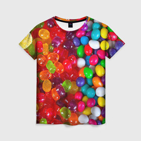 Женская футболка 3D с принтом Вкусняшки в Тюмени, 100% полиэфир ( синтетическое хлопкоподобное полотно) | прямой крой, круглый вырез горловины, длина до линии бедер | вкуснотища | вкусняшки | глазурь | карамельки | конфетки | конфеты | мармеладки | сахар | сладости