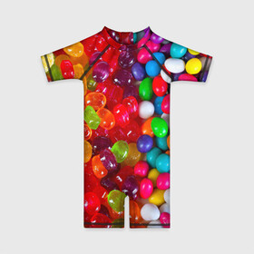 Детский купальный костюм 3D с принтом Вкусняшки в Тюмени, Полиэстер 85%, Спандекс 15% | застежка на молнии на спине | вкуснотища | вкусняшки | глазурь | карамельки | конфетки | конфеты | мармеладки | сахар | сладости