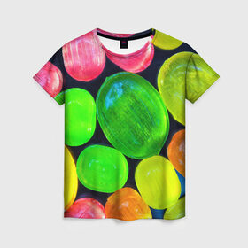 Женская футболка 3D с принтом Карамельки в Тюмени, 100% полиэфир ( синтетическое хлопкоподобное полотно) | прямой крой, круглый вырез горловины, длина до линии бедер | вкусности | вкусняшки | карамельки | конфетки | конфеты | леденцы | сахар | сладости