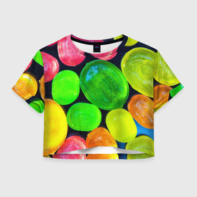 Женская футболка 3D укороченная с принтом Карамельки в Тюмени, 100% полиэстер | круглая горловина, длина футболки до линии талии, рукава с отворотами | вкусности | вкусняшки | карамельки | конфетки | конфеты | леденцы | сахар | сладости