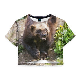 Женская футболка 3D укороченная с принтом Росомаха в Тюмени, 100% полиэстер | круглая горловина, длина футболки до линии талии, рукава с отворотами | животные | лес | медведи | охота | природа | туризм