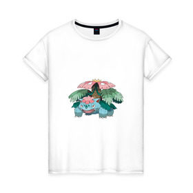 Женская футболка хлопок с принтом Венузавр в Тюмени, 100% хлопок | прямой крой, круглый вырез горловины, длина до линии бедер, слегка спущенное плечо | Тематика изображения на принте: венузавр | покемон