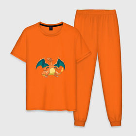 Мужская пижама хлопок с принтом Чаризард в Тюмени, 100% хлопок | брюки и футболка прямого кроя, без карманов, на брюках мягкая резинка на поясе и по низу штанин
 | покемон | чаризард