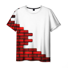 Мужская футболка 3D с принтом Кирпичики в Тюмени, 100% полиэфир | прямой крой, круглый вырез горловины, длина до линии бедер | Тематика изображения на принте: белый | красный | стена