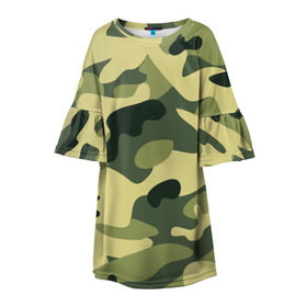 Детское платье 3D с принтом Зелёный камуфляж в Тюмени, 100% полиэстер | прямой силуэт, чуть расширенный к низу. Круглая горловина, на рукавах — воланы | camouflage | green camouflage | зеленый камуфляж | камуфляж