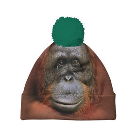 Шапка 3D c помпоном с принтом Обезьяна в Тюмени, 100% полиэстер | универсальный размер, печать по всей поверхности изделия | животные | о.м.с.к. | обезьяна | орангутанг