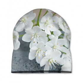 Шапка 3D с принтом Белые цветочки 3 в Тюмени, 100% полиэстер | универсальный размер, печать по всей поверхности изделия | Тематика изображения на принте: белый | цветок | цветы
