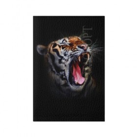 Обложка для паспорта матовая кожа с принтом Оскал тигра в Тюмени, натуральная матовая кожа | размер 19,3 х 13,7 см; прозрачные пластиковые крепления | дикая кошка | пасть | тигр | хищник