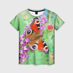 Женская футболка 3D с принтом Прелесть в Тюмени, 100% полиэфир ( синтетическое хлопкоподобное полотно) | прямой крой, круглый вырез горловины, длина до линии бедер | Тематика изображения на принте: бабочка | лепестки | прикольные картинки | природа | цветочки | цветы