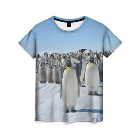 Женская футболка 3D с принтом Пингвины в Тюмени, 100% полиэфир ( синтетическое хлопкоподобное полотно) | прямой крой, круглый вырез горловины, длина до линии бедер | пингвин