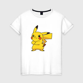 Женская футболка хлопок с принтом Pikachu в Тюмени, 100% хлопок | прямой крой, круглый вырез горловины, длина до линии бедер, слегка спущенное плечо | pikachu | pokemon | пикачу | покемон