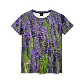 Женская футболка 3D с принтом Лаванда в Тюмени, 100% полиэфир ( синтетическое хлопкоподобное полотно) | прямой крой, круглый вырез горловины, длина до линии бедер | Тематика изображения на принте: зеленый | зелень | лаванда | лето | поле | природа | синий | цветы
